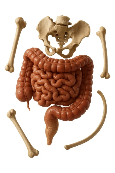 intestino umano anatomico e ossa umano anatomico fluttuano in aria, iperrealistico 4k sticker