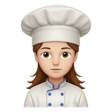 Long brown hair, serious, wearing chef uniform and chef hat sticker