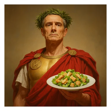 Сгенерируй мне этого цезаря, который стоит с тарелкой а на ней салат цезарь, пусть он держит тарелку одной рукой как официант sticker