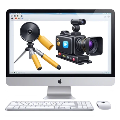 Create an emoji of video editing. Should feature a video editing timeline or interface on a computer screen, showing clips and a playhead. Include a video camera and editing tools. No any smiley faces in emoji. Make the background transparent. sticker