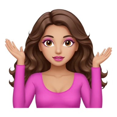 girl with long wavy brown hair, brown eyes, long lashes makeup, sexy pink lips, light to medium complexion, wearing a pink sexy top, both hands in the air high sticker
