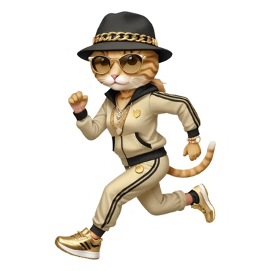 female cat running wearing Run DMC hip-hop outfit, tracksuit, fedora, Adidas shoes, dark sunglasses, lots of gold chains, bling accessories sticker