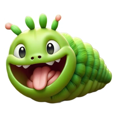 Cinematic Realistic Cute Yawning Caterpillar Portrait Emoji, Head tilted slightly with a dramatic, wide-open yawn, showcasing a soft, downy segmented body in vivid green with subtle drooping and half-closed, drowsy eyes, rendered with intricate natural texture and gentle shadows, high shine, relaxed yet expressive, styled with a dash of woodland charm, soft glowing outline, capturing the essence of a sleepy yet affectionate caterpillar that appears ready to stretch out and rest among the leaves! sticker