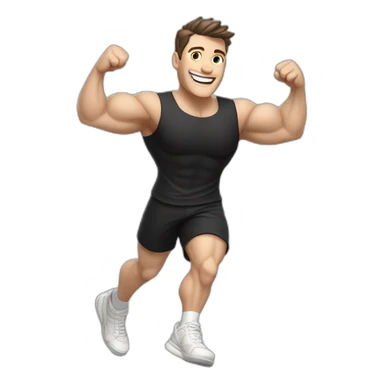 Joyful Celebrating victory Pale skinned Fit Man With the biceps and dark brown hair in black shirt, gray sports shorts and white Sneakers sticker