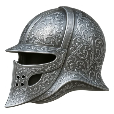 Engrave this steel helmet with elegant silver engravings, keeping it crisp, shiny, and slightly fancier than iron. Realistic metallic steel style, emoji style, transparent background. sticker