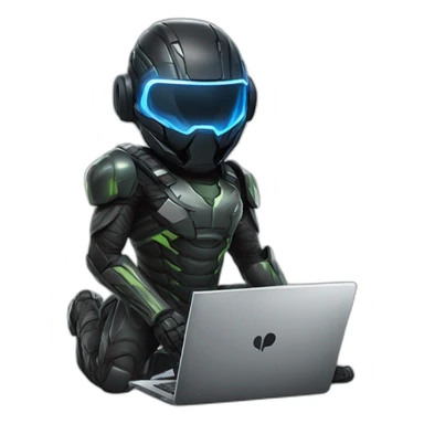 Boy developer behind his laptop with this style : Crytek Crysis Video game with nanosuit character hacker themed character sticker