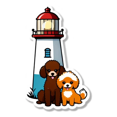 Lighthouse with one brown poodle and one Pomeranian sticker