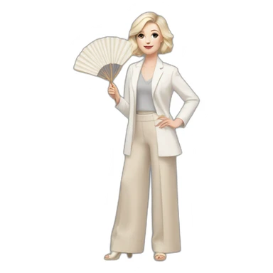 pale skin woman with ash blonde Straightened bob Hair, White Spacious classical jacket, beige palazzo Arrow pants and gray blouse holding a fan from color palettes in the hands sticker