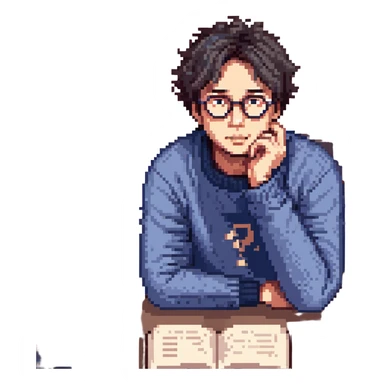 Flat pixel are, calm and curious male thinker, light skin, short tousled dark hair, round glasses, focused expression, wearing an indigo sweater, seated at a desk with open books and a floating question mark above his head, one hand resting under his chin in thought, waist-up, front-facing sticker