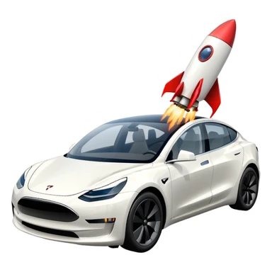Tesla model 3 white.  Rockets mounted on roof sticker