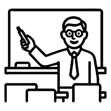 male teacher pointing at a white board, smiling, holding a marker, modern classroom, icon style sticker