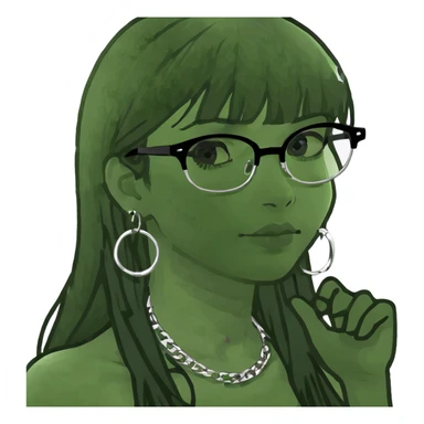 white girl with long black hair and bangs and black glasses and silver hoop earings and black outfits with of silver jewellery  sticker