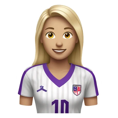 a blonde woman in white soccer jersey with purple pinstripes sticker