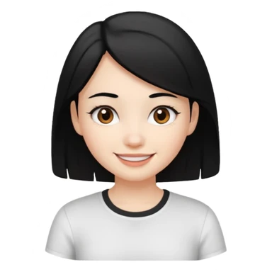 a girl with white skin, black hair, brown eyes, and a white shirt, with a happy expression sticker