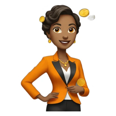 Posh-woman-with-orange-suit-holding-golden-coins sticker