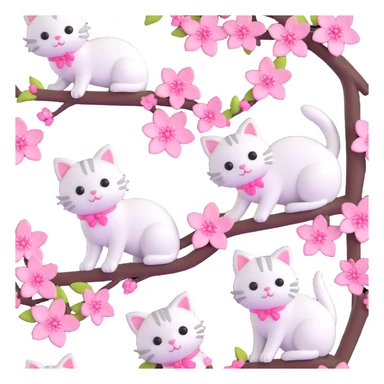 3D iOS-style kawaii cherry blossom branch with pink flowers and cute white cats, smooth textures, cheerful bright look sticker
