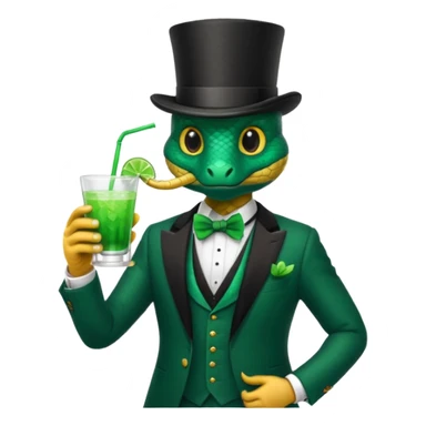 snake wearing suit, bowtie and top hat, holding a glass of green drink sticker