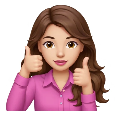 girl with long wavy brown hair, brown eyes, light to medium complexion, in a pink shirt, pink lips, long lashes, thumbs up sticker