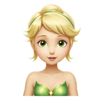 Cinematic Realistic Blonde Tinker Bell Fairy Portrait, head tilted playfully and inquisitively, showcasing a delicate pixie form with finely detailed, golden blonde hair and softly glowing, translucent wings that catch the light with a cascade of fairy dust. Her bright, curious eyes sparkle with mischief and wonder, rendered with lifelike clarity and warm, gentle lighting that captures the essence of a spirited, charming fairy ready to flutter playfully into your heart. sticker