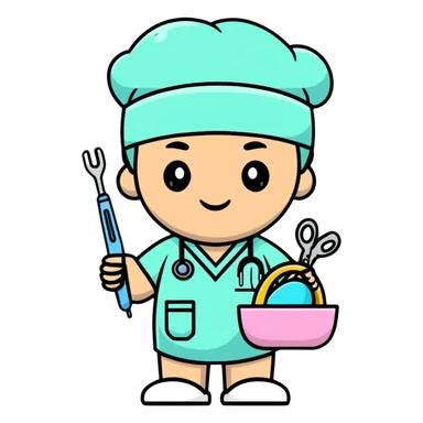 plastic surgeon in pastel scrubs with Easter basket and surgical tools sticker