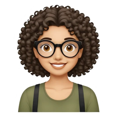 Young Latina with light brown skin. Cheerful round face. Brown eyes behind black glasses. Thick natural eyebrows. Curly hair reaching shoulders, voluminous with defined curls. Big smile showing dimples. Wearing olive green shirt with wide straps. sticker