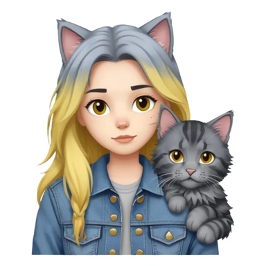 girl with black and yellow hair wearing denim jacket with gray maine coon cat sticker
