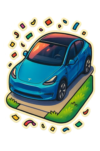 A Tesla Model Y parking in a home driveway with grass on the sides, from above, with confetti sticker