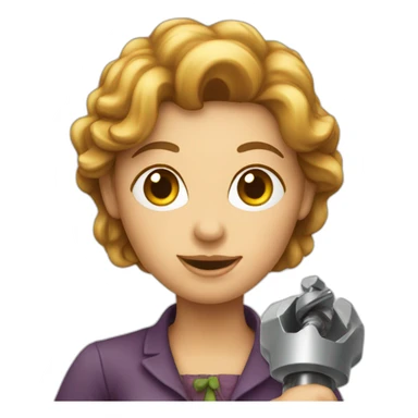 A lady holding a large screw  sticker