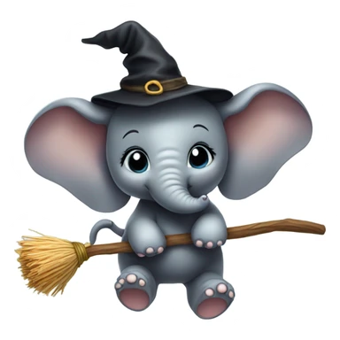 Baby ele flying on a broom with a witch hat sticker