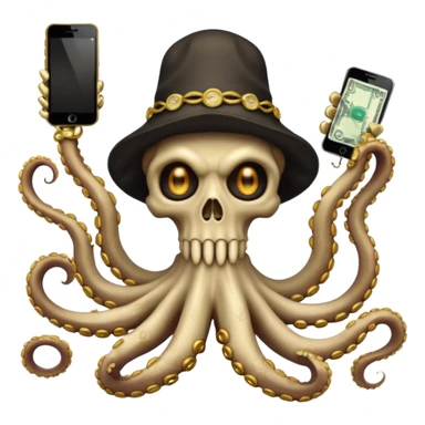satanic octopus skeleton. Evil looking eyes, wearing a gold necklace and backwards hat. 2 tentacles are holding their own cellphones, 2 other tentacles are holding stacks of cash sticker