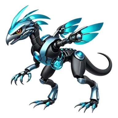 Shiny Dark Futuristic Celestial Glossy-Metallic-Alloy Cyborg-Fakemon-Pokemon-Digimon-Spectrobes-Raptor-fusion, full body, four legs, black body, cyan accents, scales sticker