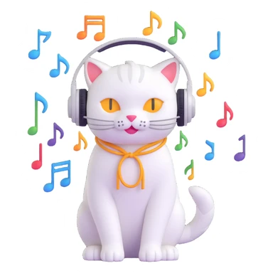 white cat, headphones, music notes, cheerful sticker