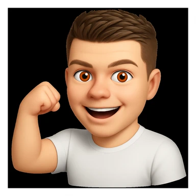 Based on these photos, make an emoji with facial features intact, man in white t-shirt, showing muscles sticker