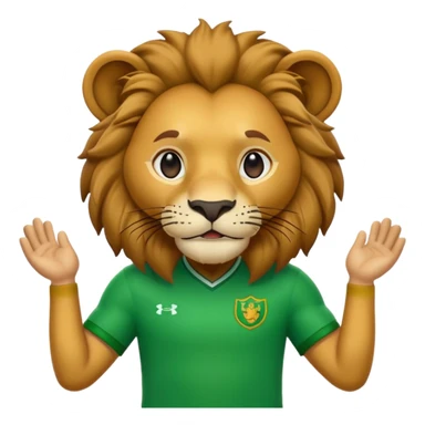 An emoji of a lion in a cartoonish, friendly, and expressive style. The lion should be wearing a bright green sports jersey with a simple and minimalist design, in the style of classic emojis sticker