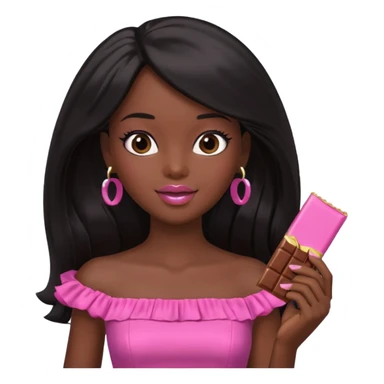 Black barbie, long black  hair, pink dress eating chocalate bar sticker