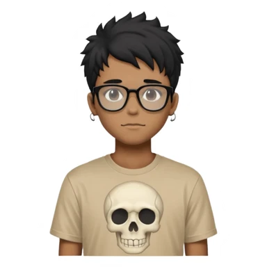 black anime hair guy with skeleton makeup wearing a stussy tshirt with glasses sticker