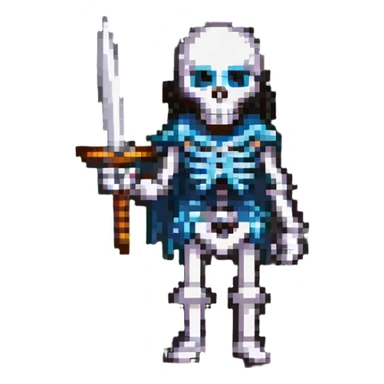 pixel art skeleton wielding a sword, facing forward sticker