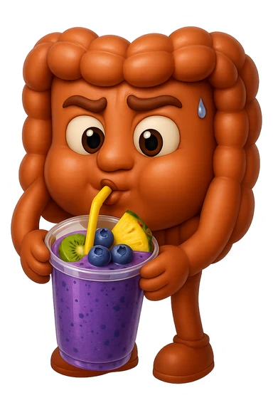 EMOJI STILE IPHONE DI un intestino umano anatomico che beve un frullato di mirtilli, ananas, kiwi, fagli anche la parte bianca degli occhi, non solo le pupille, REALISTICo 4K sticker