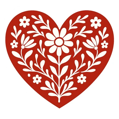 Add a white outline around the motif so it stands out against the red heart. Keep the motif simple and bold, maintain the red color and the border around the heart. The style should be Scandinavian folk art. Transparent background. sticker
