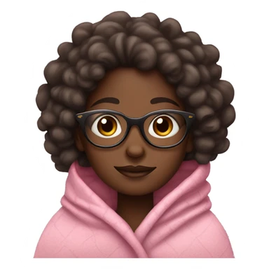 Dark skin girl with curly hair and glasses bundled up in a pink blanket with dark brown eyes sticker