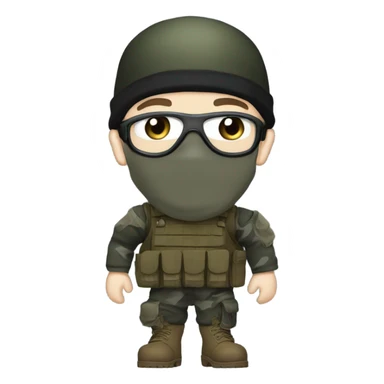 male, pale skin, face mask, camo tactical gear, combat boots, black beanie, blue eyes sticker