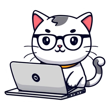 cartoon cat with glasses coding on a laptop sticker