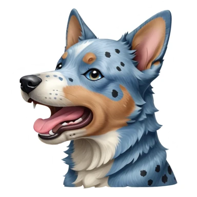 Cinematic Cute Yawning Blue Speckle Australian Cattle Dog Portrait Emoji, Head tilted slightly with a dramatic, wide-open yawn, showcasing a sleek blue speckle Fur with distinct markings, floppy ears slightly drooping, round blue eyes barely open in drowsy contentment, Simplified yet irresistibly adorable features, highly detailed, glowing with a soft, cozy glow, high shine, relaxed yet expressive, stylized with a touch of whimsy, bright and endearing, soft glowing outline, capturing the essence of a sleepy yet affectionate herder, so drowsy it feels like it could stretch out of the screen and curl up for a nap! sticker