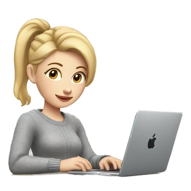 Woman with pale skin, short blonde ponytail and gray sweater sitting at table with Apple laptop sticker