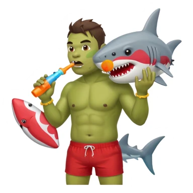 orc male in shark floatie, blowing whistle. Red swim trunks sticker