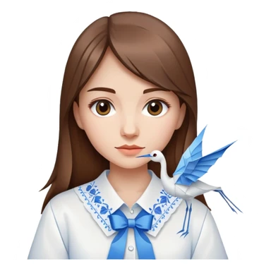 A Ukrainian young girl with brown hair wearing a white embroidered shirt holds an origami blue crane sticker