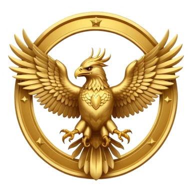 Golden Garuda eagle with wings spread, fierce face, detailed feathers, luxury emblem style, circular gold frame, bold serif text “GARUDA EVENTS”. sticker