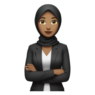 half body career woman wearing a hijab with her arms crossed over her chest, her skin is light skintone, wearing a black blazer and gray hijab sticker