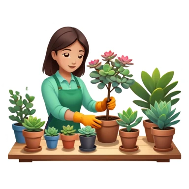 Close-up of a person planting a sapling in a pot. Around, potted plants and succulents with vibrant leaves and flowers. Sunlight filters through the window, casting soft shadows. Cozy indoor space with gardening tools on a wooden table. sticker