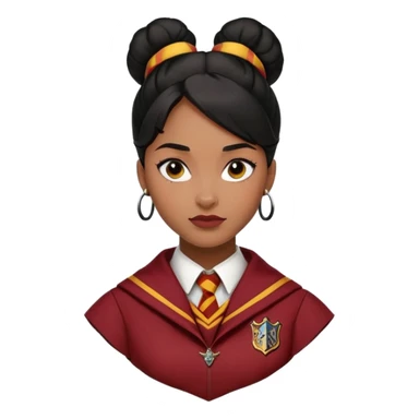 Angelina Johnson in harry potter, wear hogwarts gryfindor uniform,  thick, black bun hair , reflecting her bold, stylish, and strong personality sticker